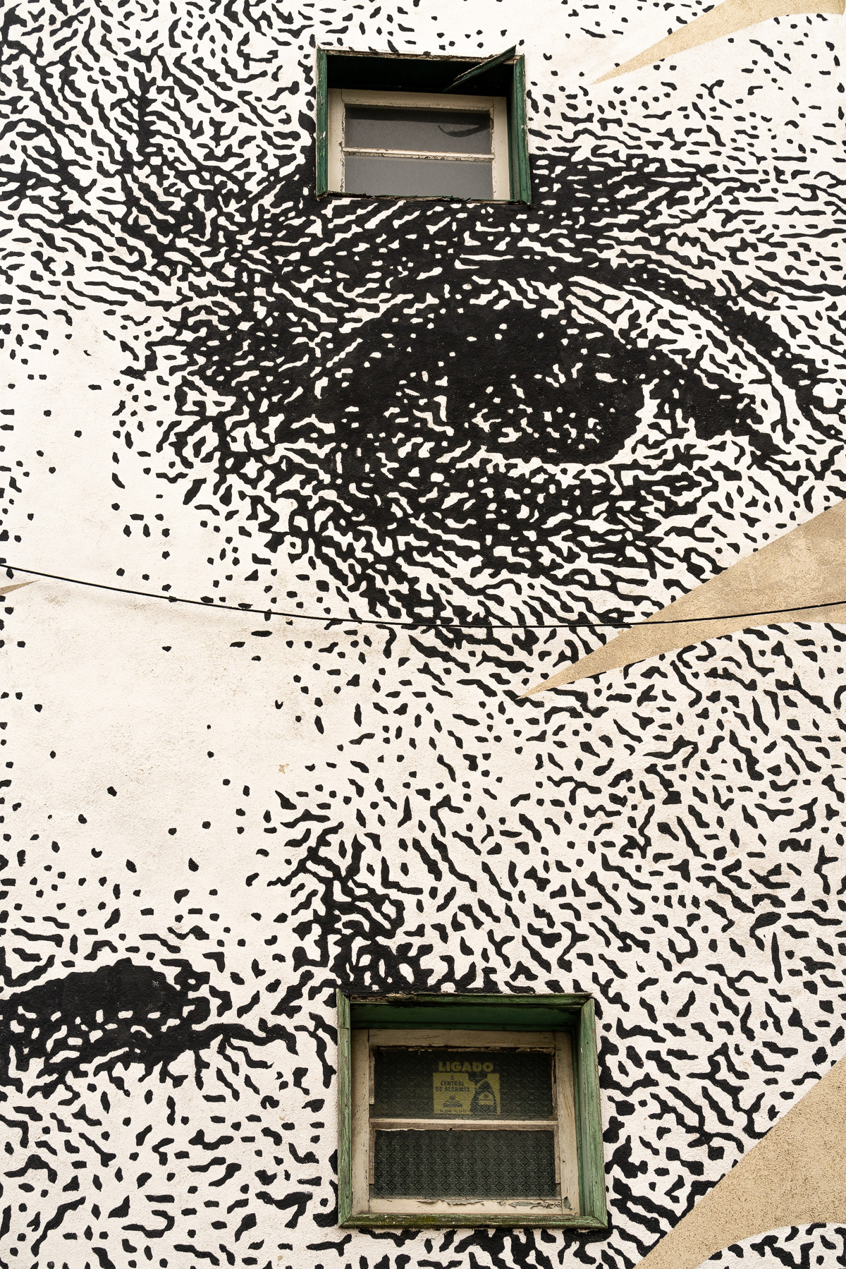 close up of the stencilled black and white mural of the face of Sophia