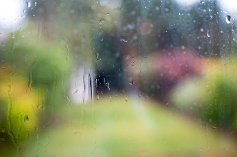 Rain pouring down a window and scene beyond is out of focus
