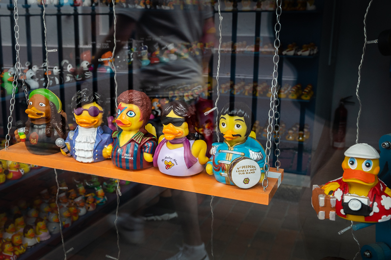 Toy ducks in shop window disguised as famous people and one as a photographer