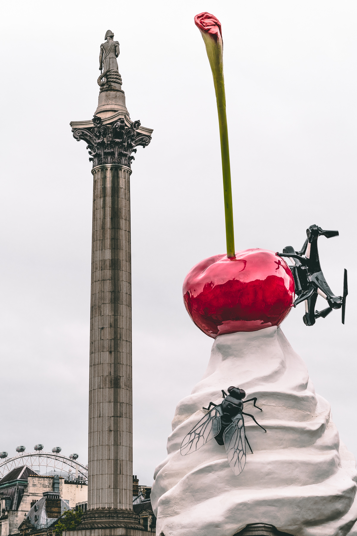 Fly and iron on whipped cream and Nelson Column behind