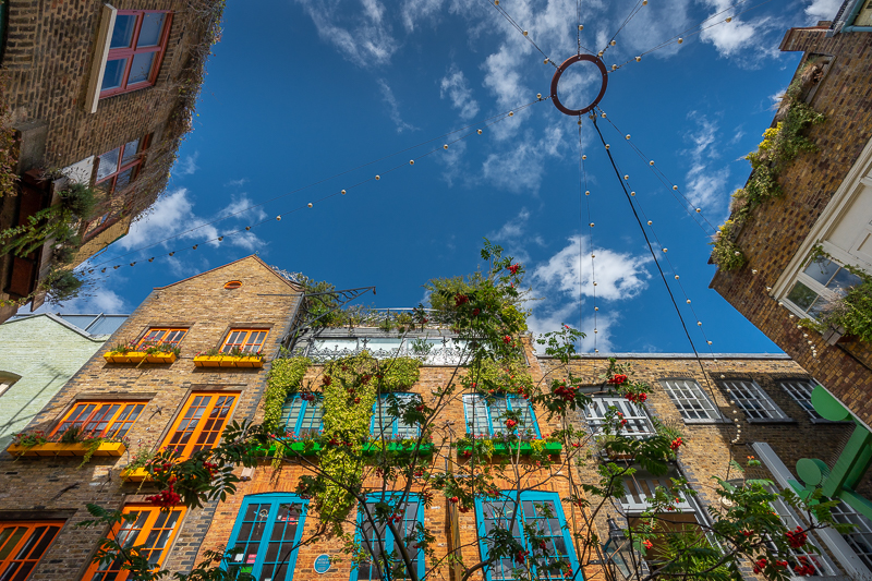 Blue sky over Neal's Yard