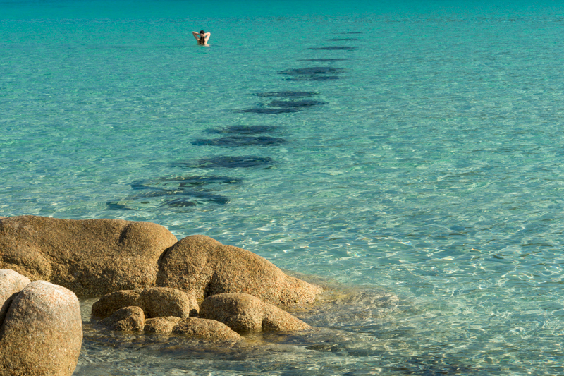 View to aquamarine sea with woman in water in background