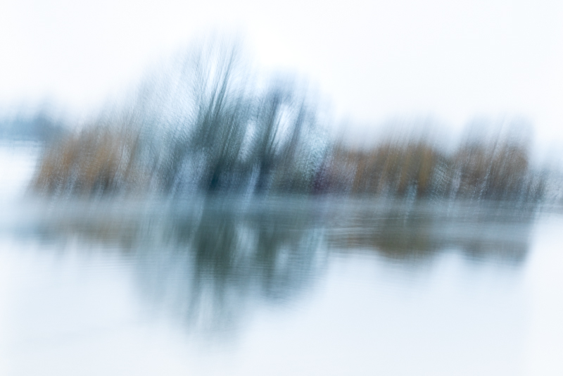 Camera movement used to create effect of blizzard on trees and lake