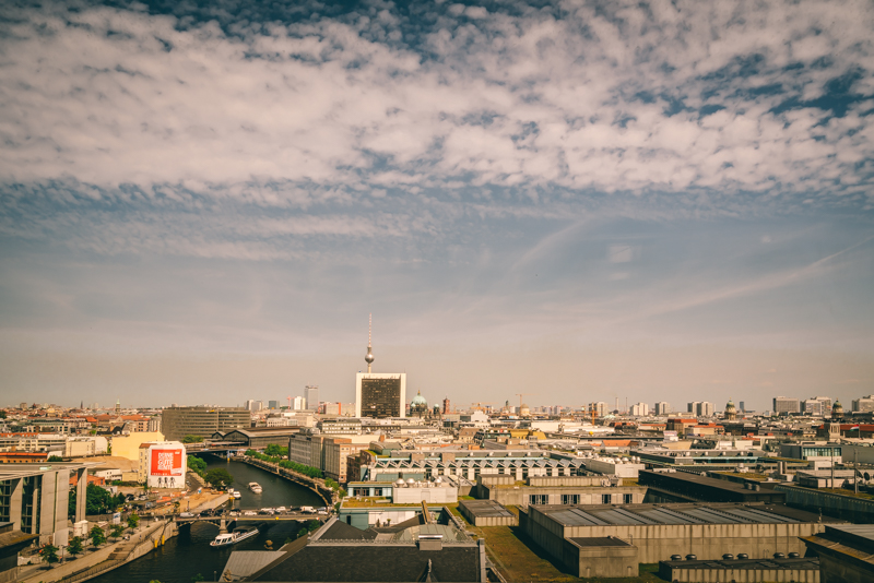 Berlin skyline with lots of white cloud and blue sky