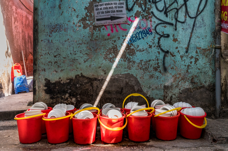 buckets full of dishes